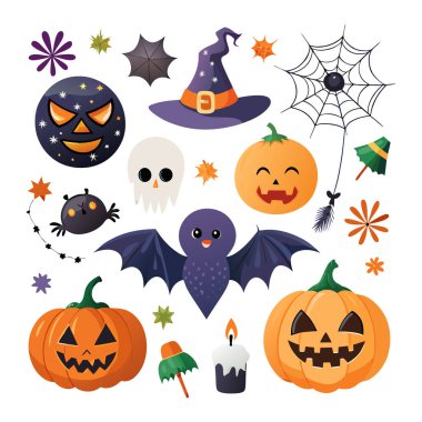 Basit bir çizgi film tarzı Cadılar Bayramı temalı simgeler koleksiyonu