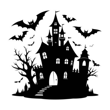 Evin içinde ağaçlar, örümcek ağları ve yarasalar uçuşan perili bir ev. Siyah beyaz çizim. Yapay Zeka ile oluşturuldu