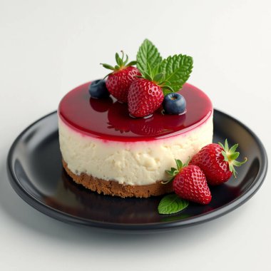 Nane yaprağıyla siyah tabakta böğürtlenli ve ahududulu bir cheesecake. Yapay Zeka ile oluşturuldu