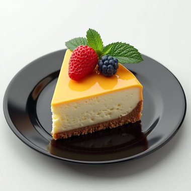 Naneli siyah bir tabakta böğürtlen ve ahududu dilimli cheesecake. Yapay Zeka ile oluşturuldu