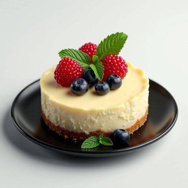 Nane yaprağıyla siyah tabakta böğürtlenli ve ahududulu bir cheesecake. Yapay Zeka ile oluşturuldu