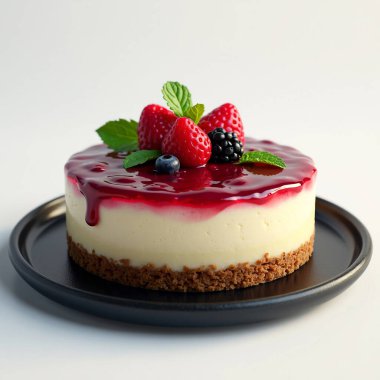 Nane yaprağıyla siyah tabakta böğürtlenli ve ahududulu bir cheesecake. Yapay Zeka ile oluşturuldu