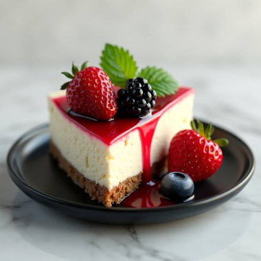 Naneli siyah bir tabakta böğürtlen ve ahududu dilimli cheesecake. Yapay Zeka ile oluşturuldu