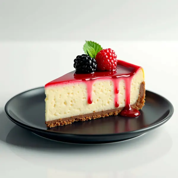 Naneli siyah bir tabakta böğürtlen ve ahududu dilimli cheesecake. Yapay Zeka ile oluşturuldu