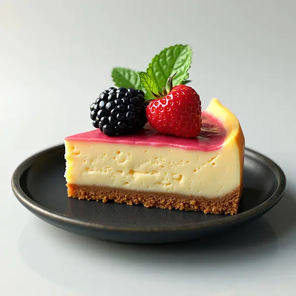 Naneli siyah bir tabakta böğürtlen ve ahududu dilimli cheesecake. Yapay Zeka ile oluşturuldu