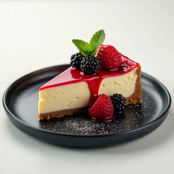 Naneli siyah bir tabakta böğürtlen ve ahududu dilimli cheesecake. Yapay Zeka ile oluşturuldu