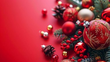 Noel süsleri ve kırmızı arkaplanı olan kırmızı bir poster, kırmızı arkaplanlı bir noel kartı. Yapay Zeka ile oluşturuldu