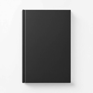 Beyaz arka planı ve siyah kapağı olan siyah bir defter. Kitap maketi. Yapay zeka ile oluşturuldu.