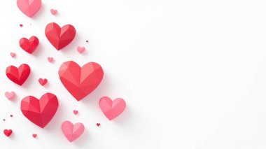 Kırmızı kalpler beyaz arka planda mutlu sevgililer günü arkaplan pankartıyla dağılmış durumda. Yapay Zeka ile oluşturuldu