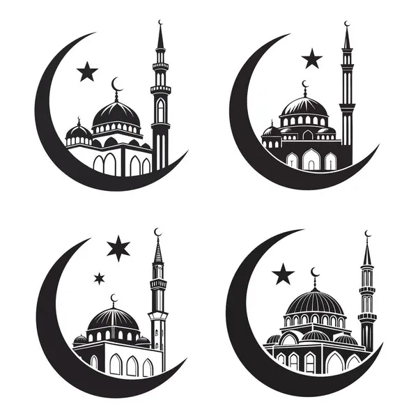 İslam camiinin siyah silueti ve fenerli hilal. Bayram mübarek logosu. vektör illüstrasyonu
