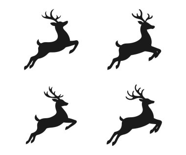 Boynuzları ve boynuzları olan bir grup geyik silueti Noel ve kış temalı çizimler için idealdir.