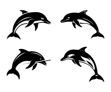 Okyanusa atlayan yunus siluetinin vektör çizimi, yunus logosu seti. Bir yunus logosunun vektör çizimi