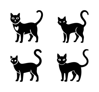 Sevimli ve çizgi film tarzında siyah beyaz kedi siluetleri. Vektör illüstrasyonu