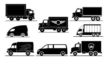 Teslimat, nakliye ve seyahat için kamyon, araba, minibüs, otobüs ve diğer araçları içeren vektör taşıma simgeleri