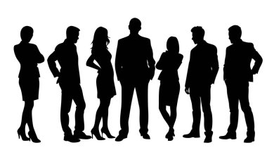 Bir siyah vektör illüstrasyonunda bir grup iş adamının takım olarak durması, bir grup insanın silüetleri, insan siluetleri resmedilmiş.