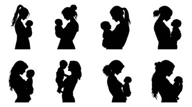 Anne ve çocuk vektör ilüstrasyonunun silüeti, beyaz arka planda anneler için siyah renk