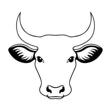 Siyah ve beyaz vektör sanatı, sığırların karikatür çizimi olarak tasvir edilen çiftlikteki bir memeli olan boğa kafası sergiliyor.