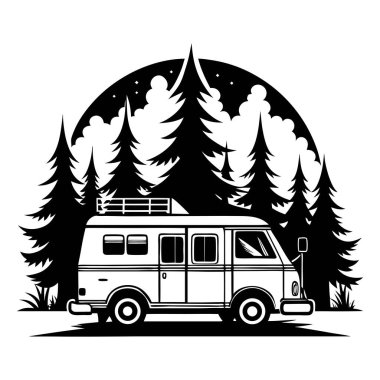 Arka planda dağlar olan bir minibüsün siyah beyaz görüntüsü, karavan çizimi