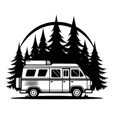 Arka planda dağlar olan bir minibüsün siyah beyaz görüntüsü, karavan çizimi