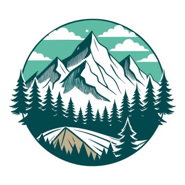 Orman ve dağların vektör çizimi, orman çam ağaçları ile Panorama silueti dağı kara çizgi çizim sanatı çizimi çizim tarzı vektör çizimi