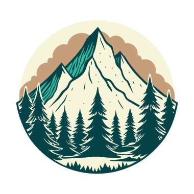 Orman ve dağların vektör çizimi, orman çam ağaçları ile Panorama silueti dağı kara çizgi çizim sanatı çizimi çizim tarzı vektör çizimi