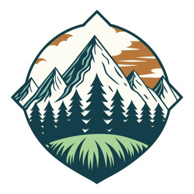 Orman ve dağların vektör çizimi, orman çam ağaçları ile Panorama silueti dağı kara çizgi çizim sanatı çizimi çizim tarzı vektör çizimi