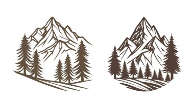 Bir kış tatili illüstrasyonunda karlı orman manzaraları gösteriliyor. Aralık sezonunu kutlamak için harika bir kart tasarımı. Tek renkli el çizimi dağ çizimi çizimi çizimi