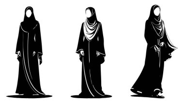 Müslüman tesettüre ait zarif siluet koleksiyonu. Elbise vektör illüstrasyonu, klasik moda ve stil gösterimi, elbise giymiş bir kadının vektör çizimi.