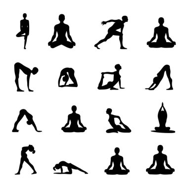 Yoga, beyaz bir arkaplanda siluet, vektör illüstrasyonu, yoga pozlarının siluetleri, yoga siluetleri oluşturur.