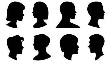 Bir erkek ve dişinin vektör silueti yan yana. İnsanların yan görünüşünün silueti. Yüz şeklinin silueti yandan yana.