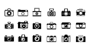 Bir vektör seti eski fotoğraf makinesi simgelerinden oluşan bir koleksiyon içerir, retro fotoğrafçılık ekipmanları tasarımı, kamera simgeleri seti