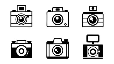 Bir vektör seti eski fotoğraf makinesi simgelerinden oluşan bir koleksiyon içerir, retro fotoğrafçılık ekipmanları tasarımı, kamera simgeleri seti