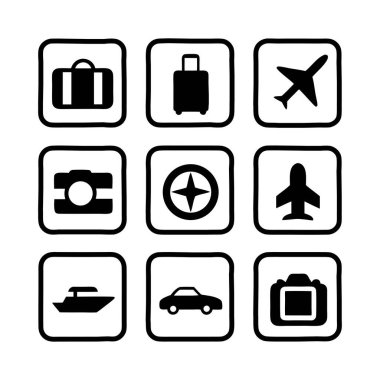 Seyahat simgeleri, web tasarımı, seyahat simgeleri için kamera, dünya ve araba sembolleri ile vektör illüstrasyonunu ayarlar