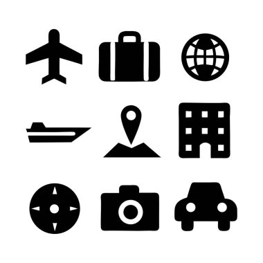 Seyahat simgeleri, web tasarımı, seyahat simgeleri için kamera, dünya ve araba sembolleri ile vektör illüstrasyonunu ayarlar