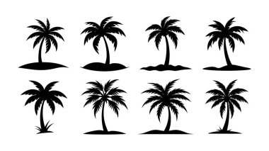 Palmiye ağacı vektör siluetlerinin toplanması beyaz zemin üzerinde izole edilmiş, Tropikal palmiye ağaçları siyah klitoris. Tropik palmiye ağacı seti