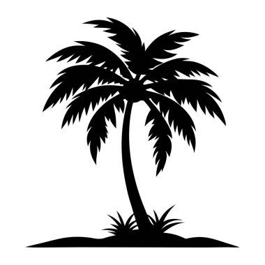 Yaz güneşinin altında palmiye ağacı siluetleri olan tropik plaj vektör çizimi, vektör palmiyeler kümesi