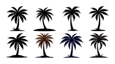 Palmiye ağacı vektör siluetlerinin toplanması beyaz zemin üzerinde izole edilmiş, Tropikal palmiye ağaçları siyah klitoris. Tropik palmiye ağacı seti