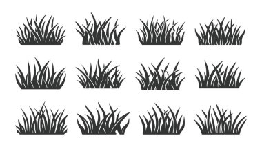 Doğadan esinlenilmiş tasarım için çiçek elementleri ve yaprak desenli siyah çim siluetleri seti.