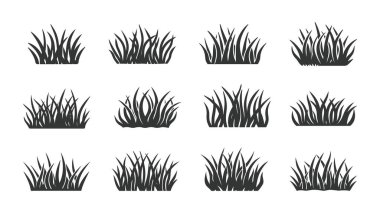 Doğadan esinlenilmiş tasarım için çiçek elementleri ve yaprak desenli siyah çim siluetleri seti.