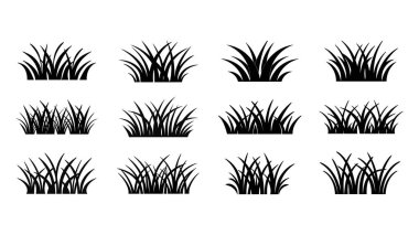 Doğadan esinlenilmiş tasarım için çiçek elementleri ve yaprak desenli siyah çim siluetleri seti.