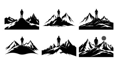 Kamp simgeleri vektör illüstrasyonunda dağ, manzara, doğa, seyahat, çadır, gün batımı ve kar siluetleri yer almaktadır.