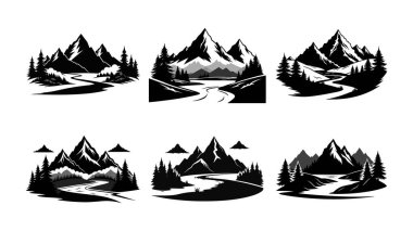 Nehir kenarındaki kulübede, dağ siyah silueti beyaz arka planda, kamp ikonları dizili.