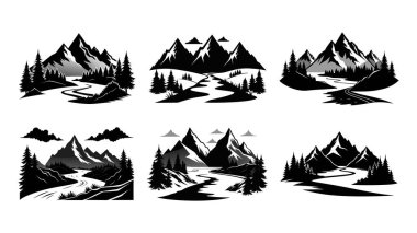 Nehir kenarındaki kulübede, dağ siyah silueti beyaz arka planda, kamp ikonları dizili.