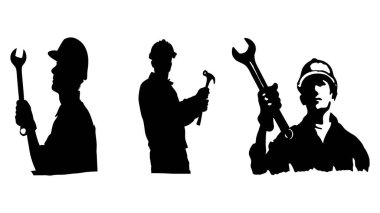 İngiliz anahtarı tutan inşaat işçisi. İşçi Bayramı, işçilerin silueti, işçi bayramı, 1 Mayıs Uluslararası İşçi Bayramı kutlamaları