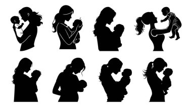 Anne ve çocuk vektör illüstrasyonunun silüeti. Beyaz arka planda, anneler için siyah renk. Anneler Günü kutlaması, Anneler Günü konsepti.