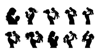 Anne ve çocuk vektör illüstrasyonunun silüeti. Beyaz arka planda, anneler için siyah renk. Anneler Günü kutlaması, Anneler Günü konsepti.