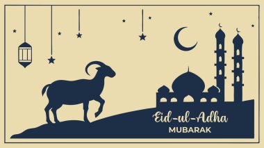 Bayram mübarek tebrik kartı ile camii, bayram bayramını kutlayan güzel, minimalist bir illüstrasyon ön planda bir koç silueti yer alıyor.