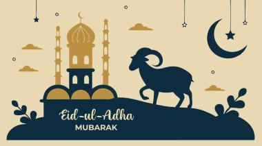 Bayram mübarek tebrik kartı ile camii, bayram bayramını kutlayan güzel, minimalist bir illüstrasyon ön planda bir koç silueti yer alıyor.