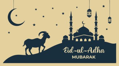 Bayram mübarek tebrik kartı ile camii, bayram bayramını kutlayan güzel, minimalist bir illüstrasyon ön planda bir koç silueti yer alıyor.