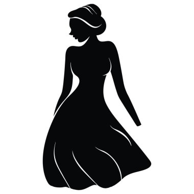 Siyah bir vektör silueti şık bir elbise içindeki güzel bir kadını gösteriyor. Moda ve figürleri gösteriyor.